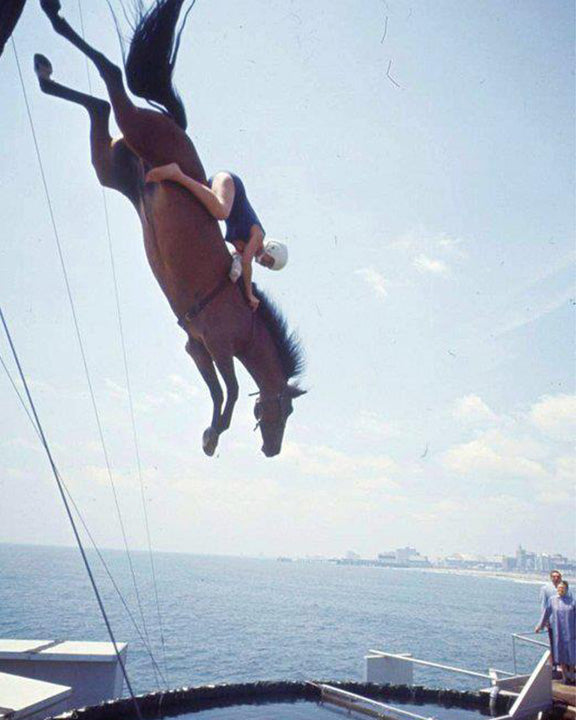 Sonora Webster Carver, daredevil and advocate for the blind, on her diving horse in Life Magazine, 1959.