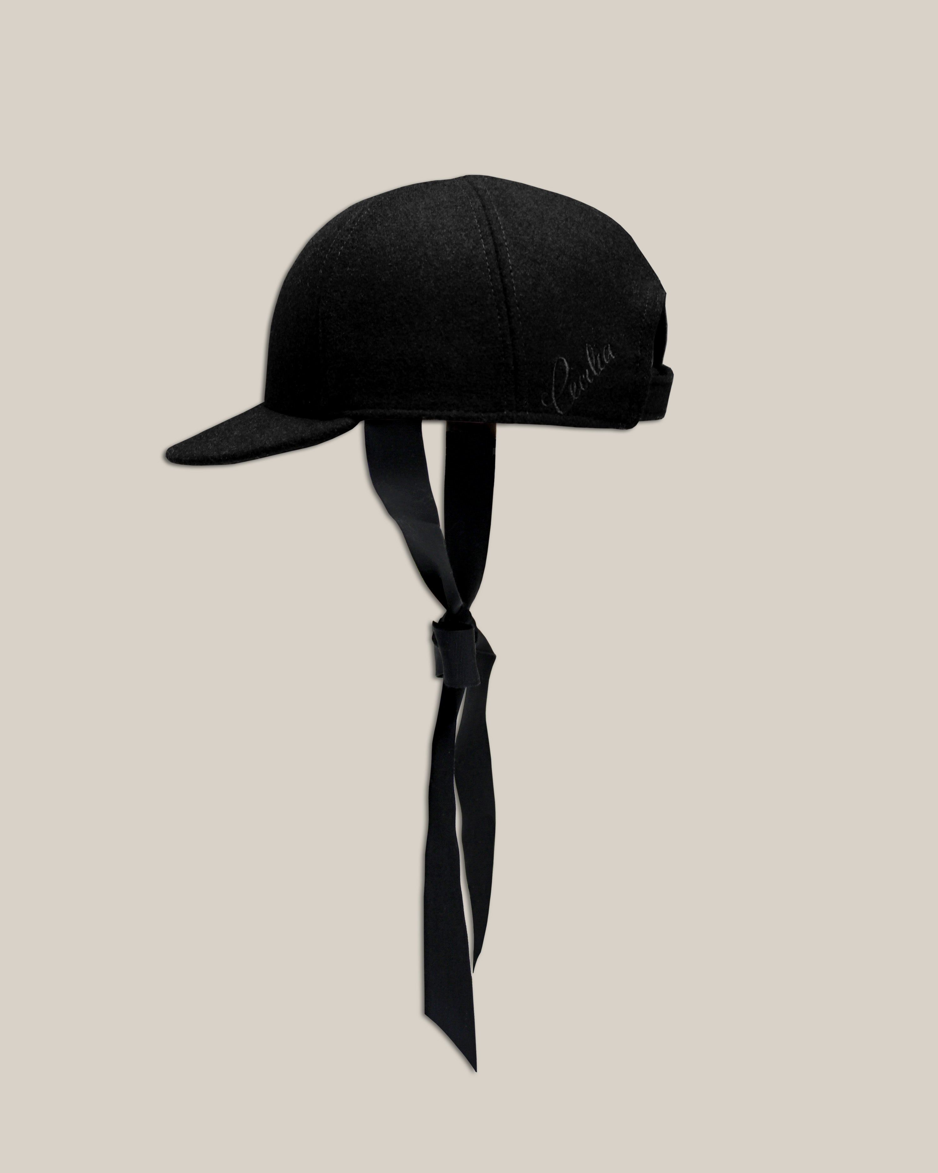 Black Wool Jockey Hat with Ribbon