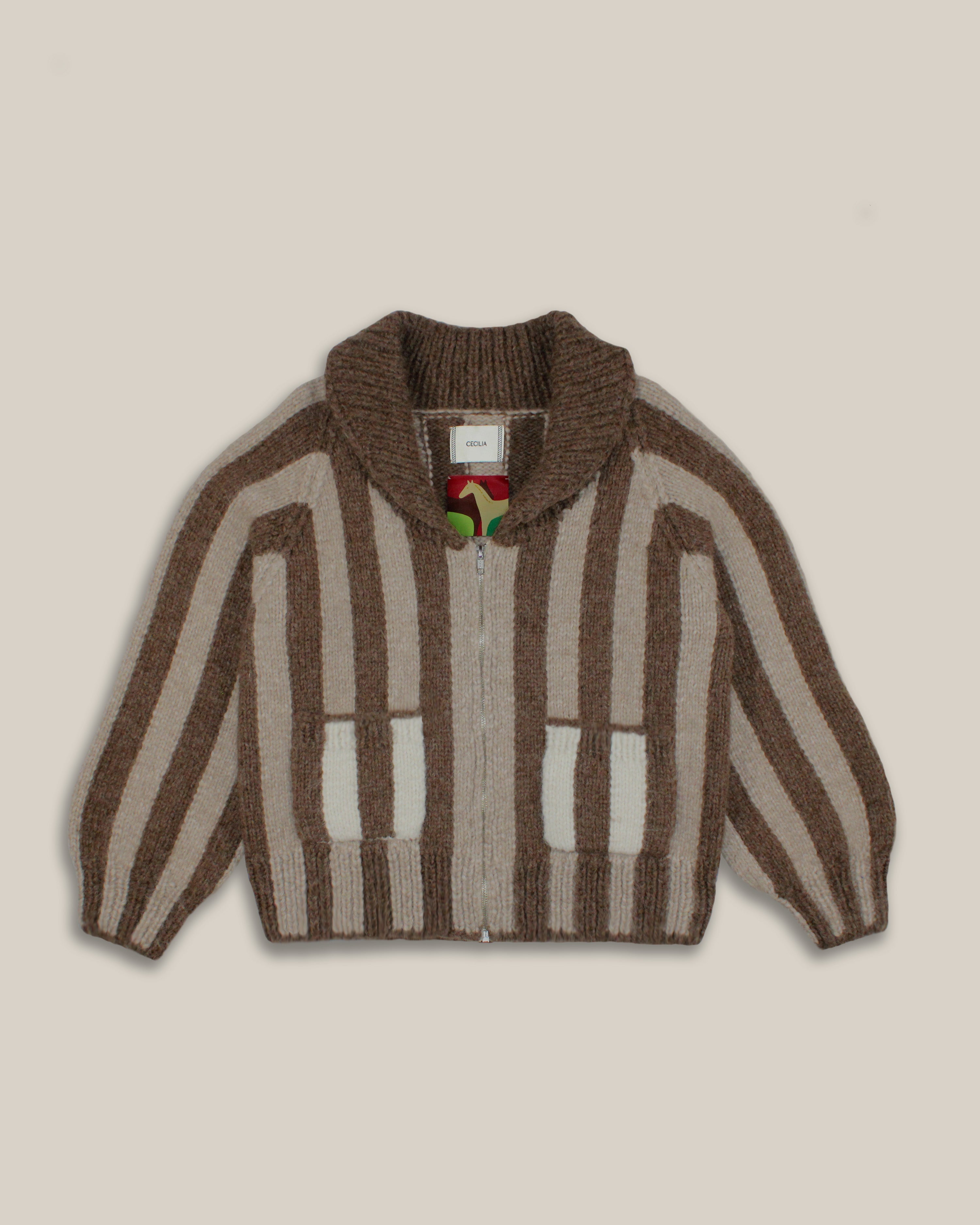 Jockey Stripe Hand Knit Zip Cardigan Sweater