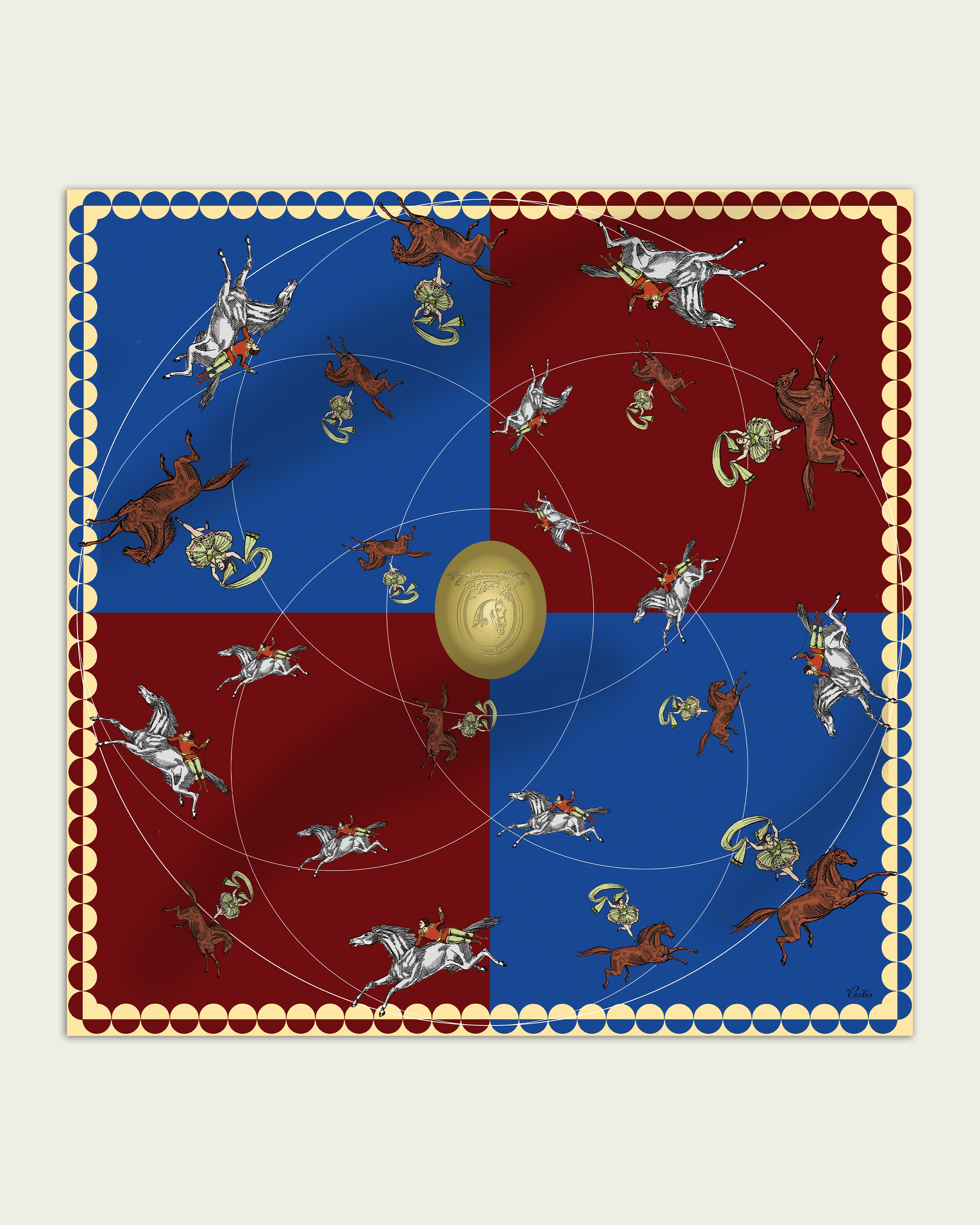 Carousel 90 Silk Twill Scarf in Blue Burgundy